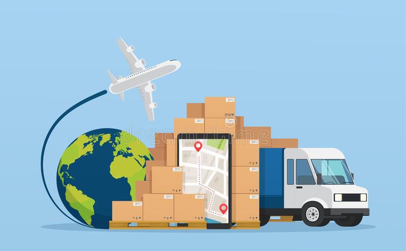 online-service-postal-logistic-courier-delivery-concept-truck-warehouse-packages-parcels-mobile-phone-map-city-173416324